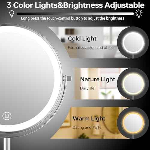 8" Lighted Makeup Mirror with 3 Color Lights and 1X 10X Magnification, Magnifying Vanity Mirror with Jewelry Holder and Storage Base, Dimmable,Touch Control, Chrome