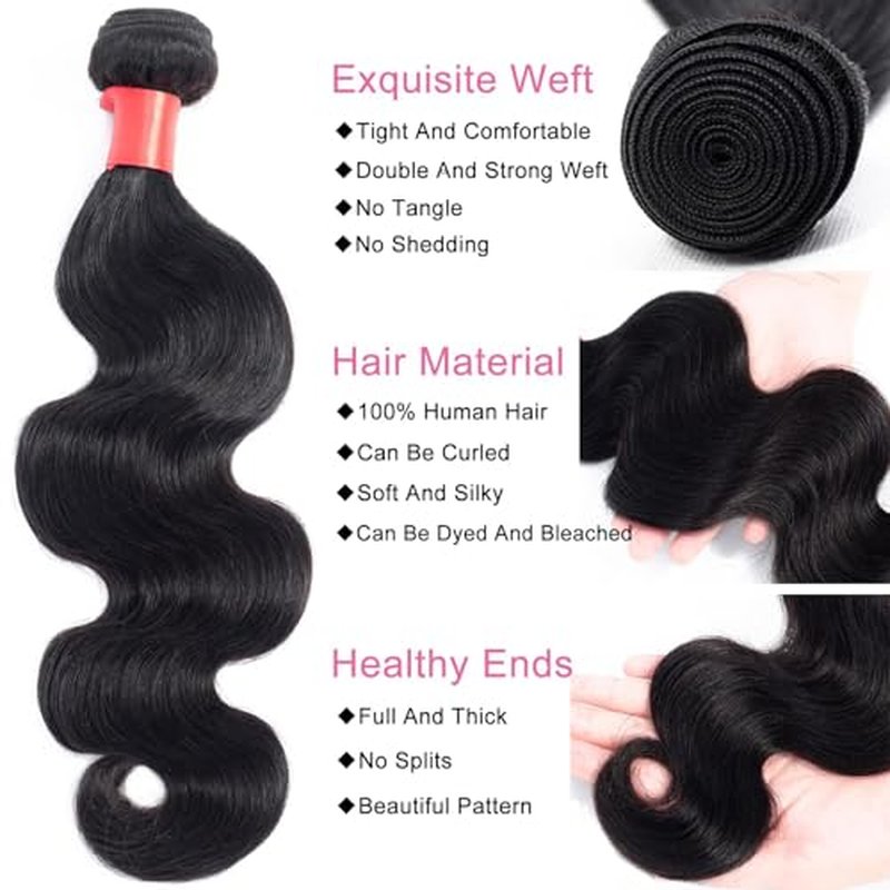 Douyin Brazilian Body Wave 3 Bundles Human Hair 12A 100% Unprocessed Virgin Human Hair Weave Bundles Deals Natural Black Color (1B Black£¬12 14 16)