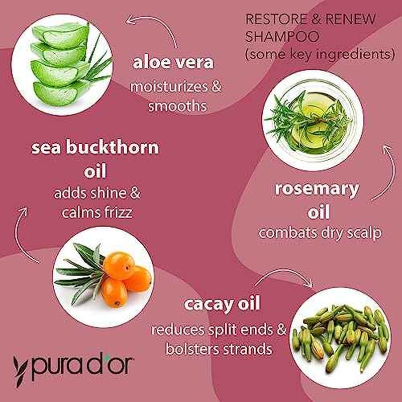PURA D'OR Restore & Renew Shampoo (16oz) Hair Protection from Dye, Extensions and Heat Tools, Infused with Organic Aloe Vera, Rosemary Leaf Oil, Sea Buckthorn Fruit Oil, & Cacay Seed Oil