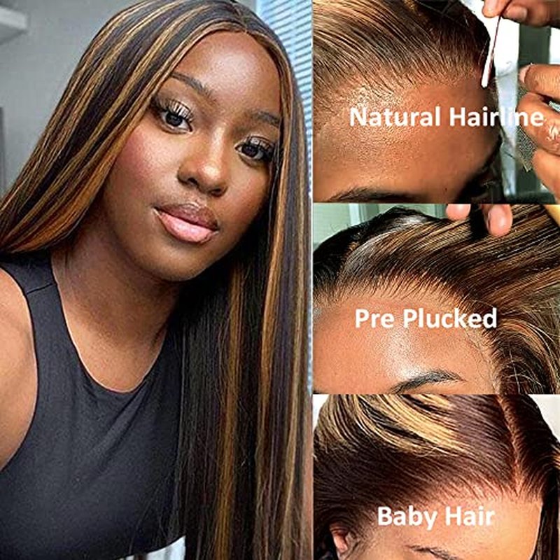 Brown Highlights Pre Plucked Lace Frontal Wigs Real Human Hair Wig Natural Hairline with Baby Hair 18 Inch Thicken Colored Ombre Balayage Brazilian Virgin Human Hair Lace Front Wig with Dark Roots