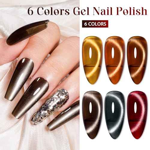 MEET ACROSS Amber Cat Eye Gel Polish Set Brown Glitter Gel Polish Kit Nude Cat Eye Gel Nail Polish Magnet Translucent Soak Off UV Cateye Nail Polish with Magnet Fall and Winter Gifts
