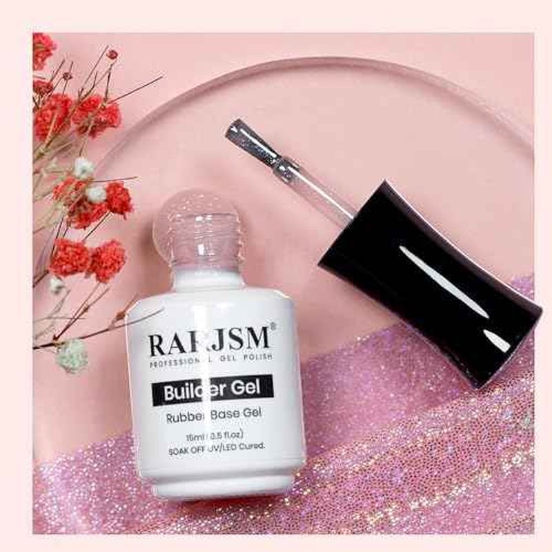 RARJSM Nude Glitter Rubber Base Gel Nail Polish Icy Jelly Pink Rainbow Shimmer Rubber Base for Nails Iridescent Brush on Quick Extend Builder Hard Gel Soak Off Curing Requires 15ml French Manicure