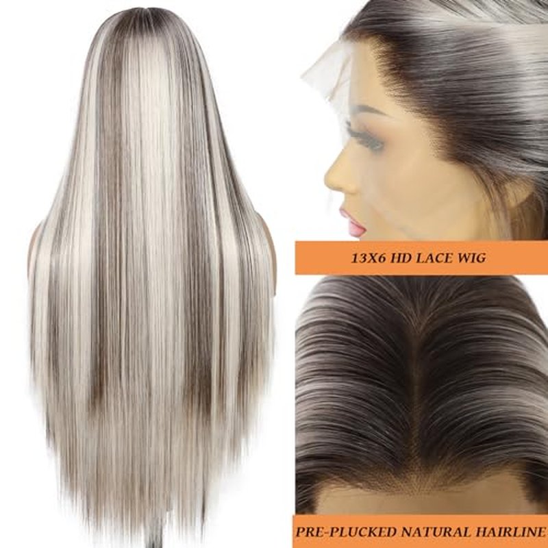 SAPPHIREWIGS Straight Synthetic Lace Front Wigs for Women Ombre Platinum Blonde Wigs with Brown Highlight Glueless 13¡¿6 Long Silky Straight Wig Pre-plucked Hairline Daily Use 26 Inches