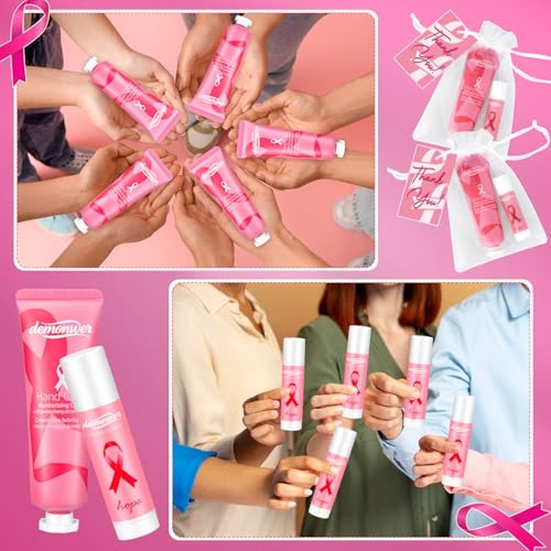 50 Sets Breast Cancer Awareness Favors Pink Ribbon Hand Cream Lip Balm with Thank You Cards Organza Bags Awareness Gifts for Women Nurse Breast Cancer Charity Event Survivor Campaign Party Favors