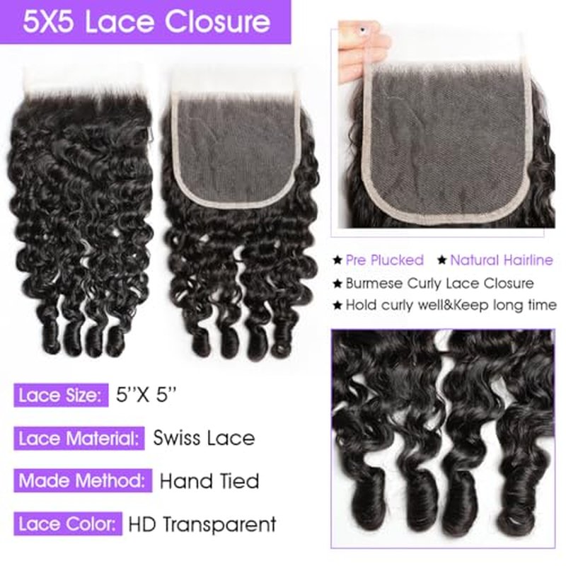 Lemoda 5x5 Closure Burmese Curly HD Transparent Lace Closure 12A Burmese Virgin Human Hair Closure Pre Plucked with Baby Hair Natural Black 20 Inch