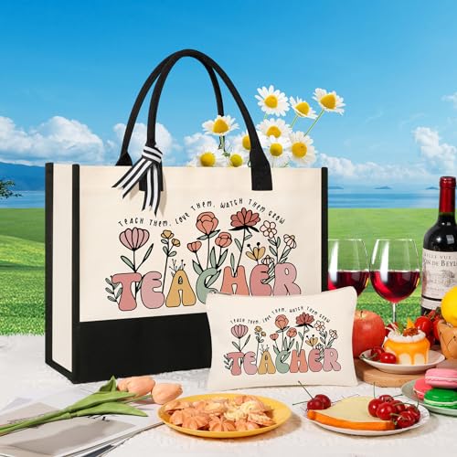 Teacher Appreciation Gifts, Canvas Tote Bag and Makeup Bag Set for Women