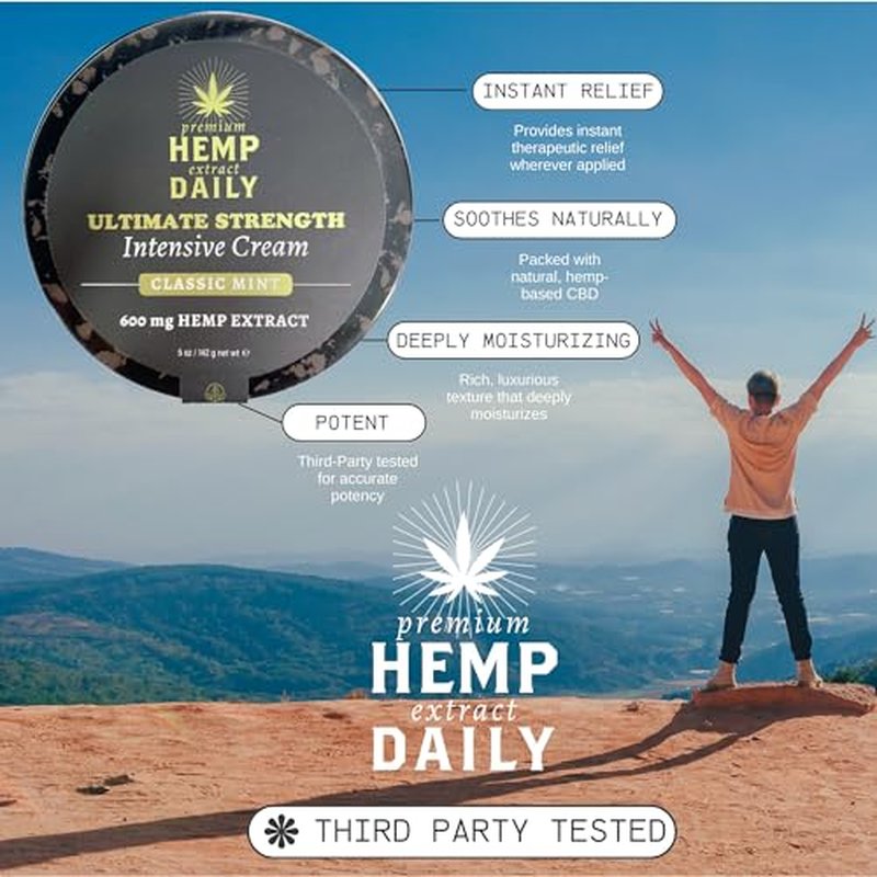 Premium Hemp Extract Daily Ultimate Strength Intensive Cream - Menthol, Argan, Jojoba, Rosehips - Lightweight, Fast-Absorbing Moisturizing Topical Lotion with Essential Oils - Lavender, Single 5oz