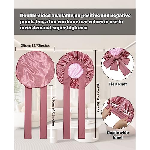 Satin Bonnet for Sleeping Cap Double Layer Hair Bonnet with Elastic Tie Band for Curly Hair Night Cap (Bean Paste + Pink)