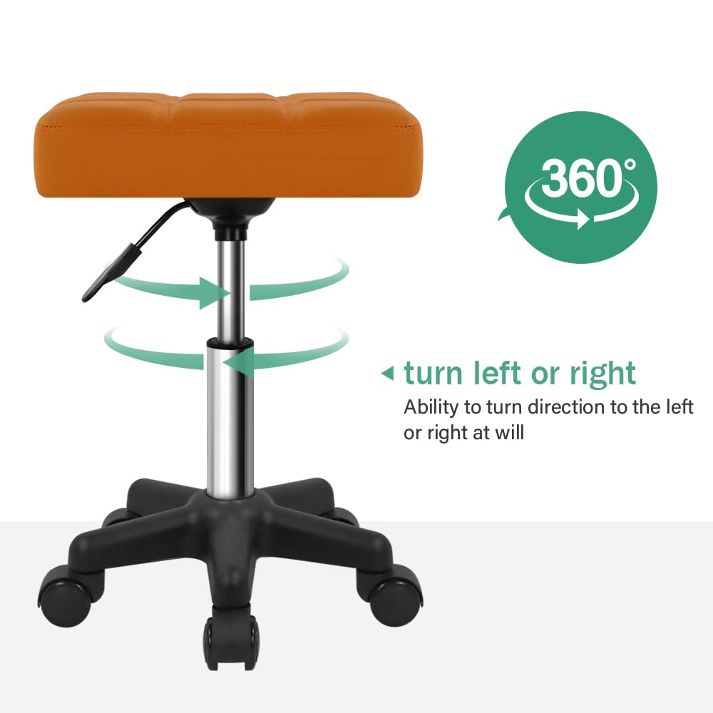 FURWOO Square Swivel Rolling Stool with Wheels PU Leather Height Adjustable Chair for Spa Salon Massage Pale Brown