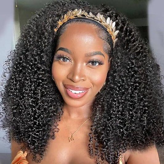 XSY Headband Wig Human Hair Kinky Curly 20 Inch Headband Wigs for Black Women Deep Curly Human Hair Wigs None Lace Front Wig 150% Density Natural Black Color