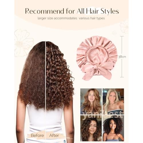 YANIBEST Adjustable Satin Bonnet for Sleeping, Double Layer Silk Bonnet with Tie Band for Women, Sleep Cap Curly Natural Hair, Pink