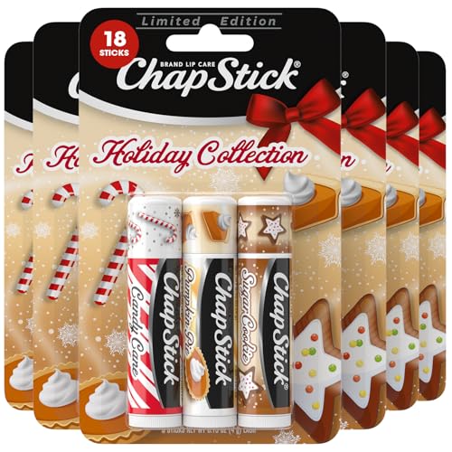 ChapStick Bulk Lip Balm, Holiday Variety 3-Packs x 6 (18 Sticks) ? Candy Cane, Sugar Cookie, and Pumpkin Pie Flavored Lip Moisturizers, Stocking Stuffers, 0.15 Oz Ea