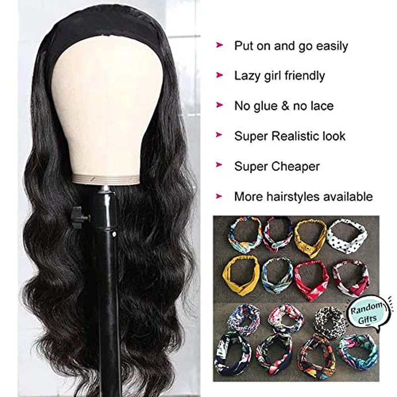 feibin Headband Wig Human Hair Wigs for Black Women Human Hair Headband Wig Body Wave 18 Inch Wear and Go Wigs Glueless Human Hair Wig Machine Made None Lace Front Wig Natural Color 150% Density