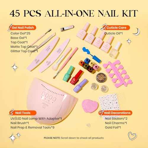 Beetles Gel Nail Polish Kit with U V Light - 25 Colors Gel Polish Set Fall Nail Fest Fragments of Time 45 Pcs Nails Kit with Tools DIY Salon Manicure Set Gifts for Women Girls - One Color One Bottle