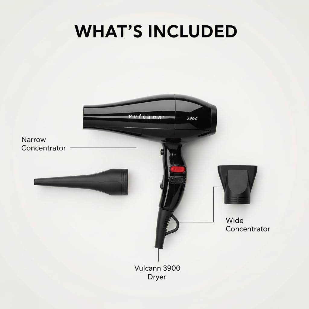 IZUTECH Vulcann 3900 Professional Salon Hair Dryer, 1875W AC Motor Blow Dryer with Tourmaline Ionic Technology, 3 Heat & 2 Speed Settings, Cool Shot Button, 11.5 ft Professional Cord, Black