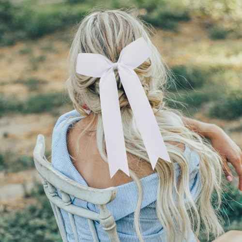 16Pcs Cheerleading Bows Long Tail Skinny Cheer Hair Bows Grosgrain Ribbon Elastic Bands Handmade Ponytail Holder for Cheerleading Girls School College Sports (Long White)