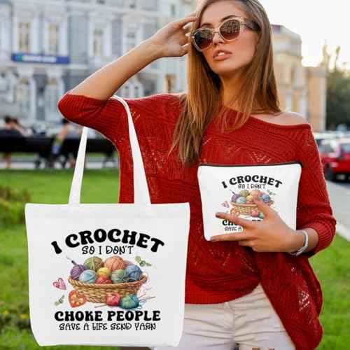 Crochet Knitting Supplies Canvas Tote Bag Makeup Bag Set, Crochet Accessories Gifts for Women Grocery Cosmetic Bags