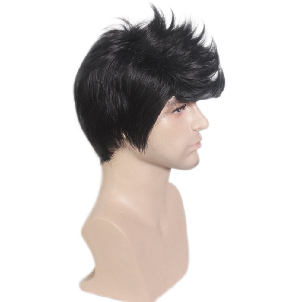 BERON Cool Men Boys Short Synthetic Wig for Cosplay Party Photo Come with Wig Cap (Black)
