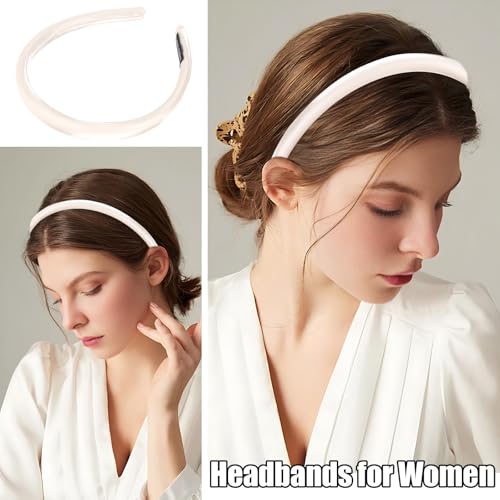 Headbands for Women, White Womens Thick Silk Satin Super Soft & Comfortable Sponge Padded Headbands Hair Bands Hoops Accessories for Women Girls