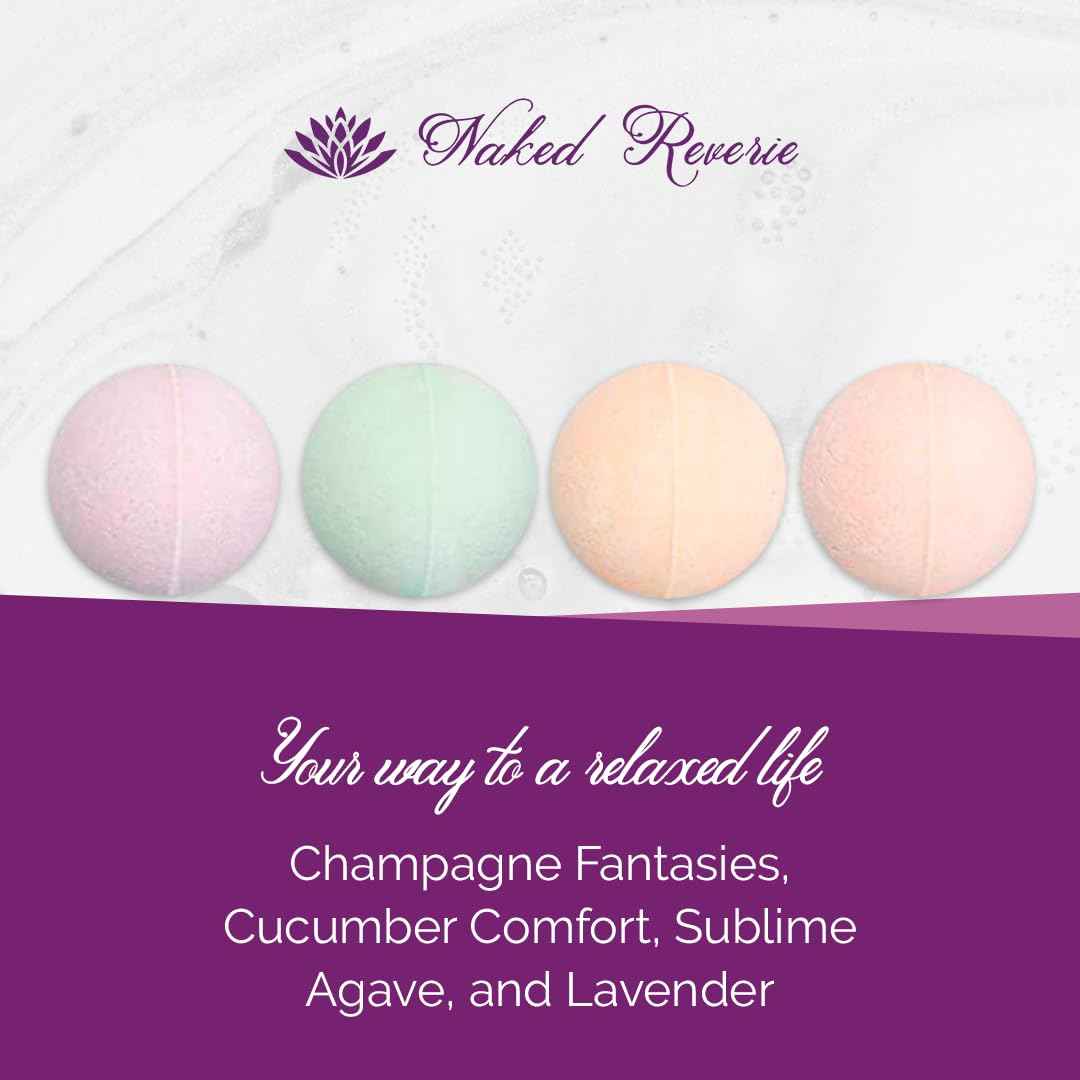 Bath Bomb Gift Set for Women: USA Made All-Natural, Organic Essential Oils, Epsom Salt, and Shea Butter: 4 Extra Large (8 oz) Bath Bombs for Longer Fizz: Safe for Sensitive Skin by Naked Reverie