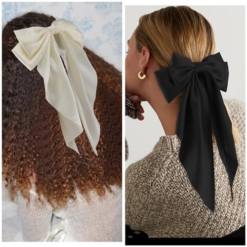 Silky Satin Hair Bows 2Pcs Big Hair Bows for Women Hair Ribbons Oversized Long Tail White Hair Bow Black Hair Bow Large Hair Ribbon Barrettes Metal Clips Bowknot Aesthetic Hair Accessories