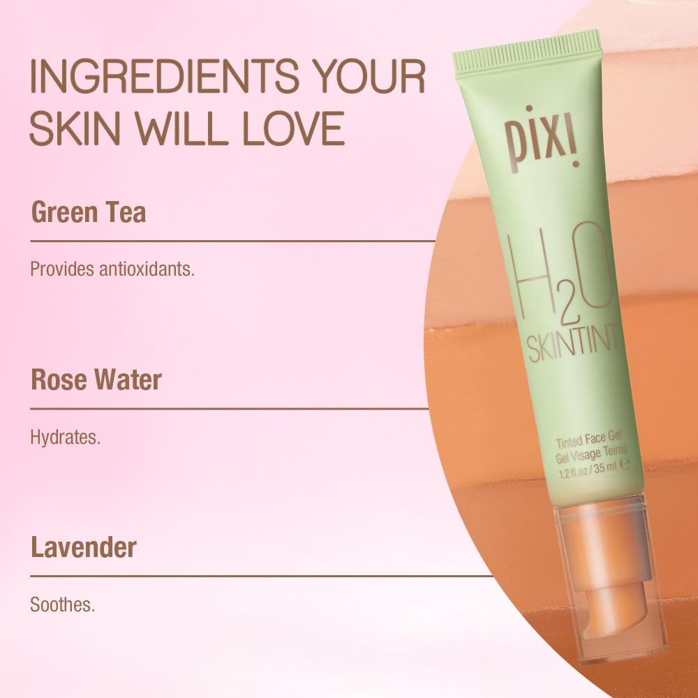 Pixi H2O SkinTint | Tinted Face Gel Moisturizer | Lightweight Hydrating Coverage with Hyaluronic Acid | Evens Skin Tone & Reduces Redness | Oil-Free Dewy Finish | Vanilla | 1.2 fl oz