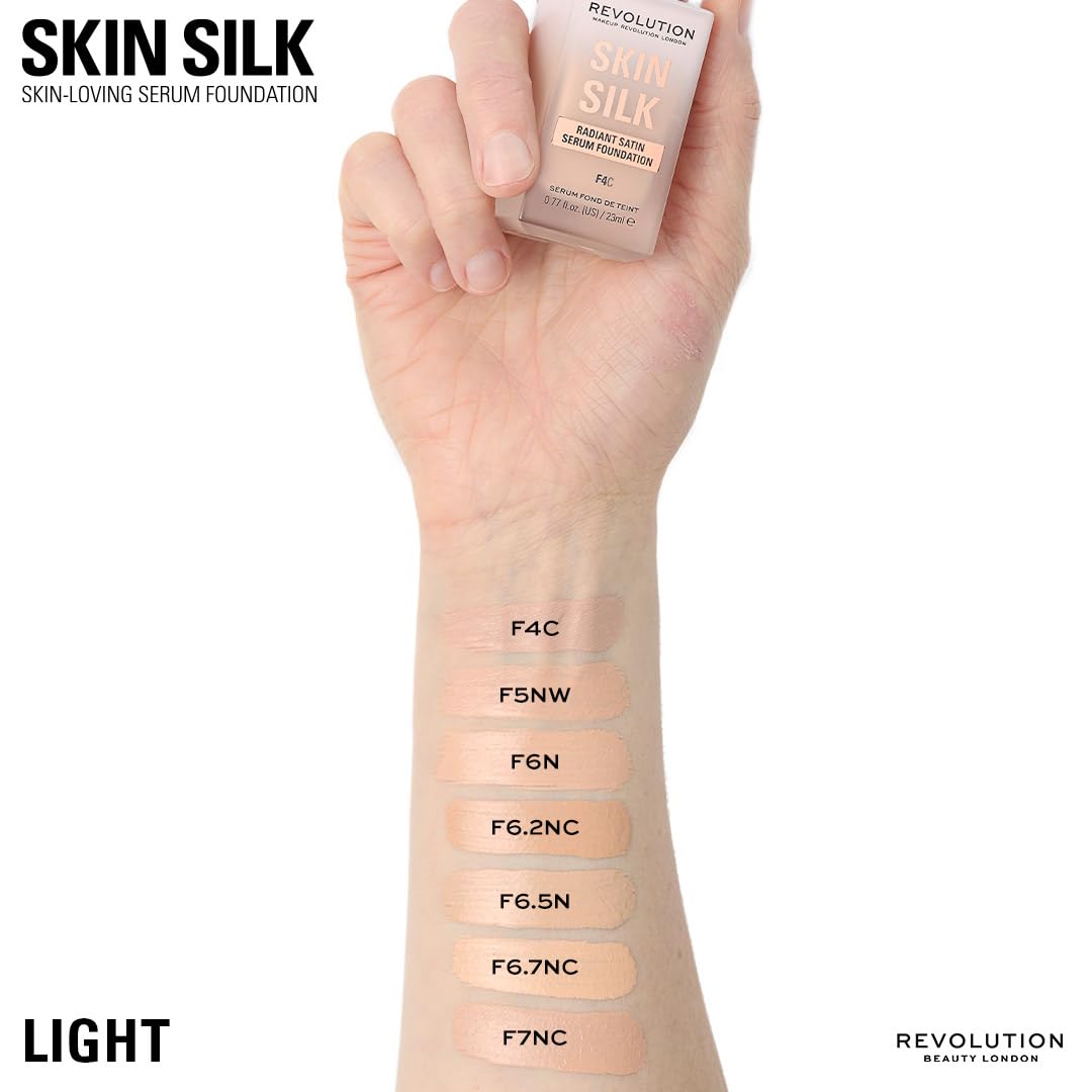 Revolution Skin Silk Radiant Satin Serum Foundation, Buildable Coverage with Hydrating Hyaluronic Acid for a Natural Finish, Vegan & Cruelty-Free, F4C Light Skin Tones, 0.77 fl oz