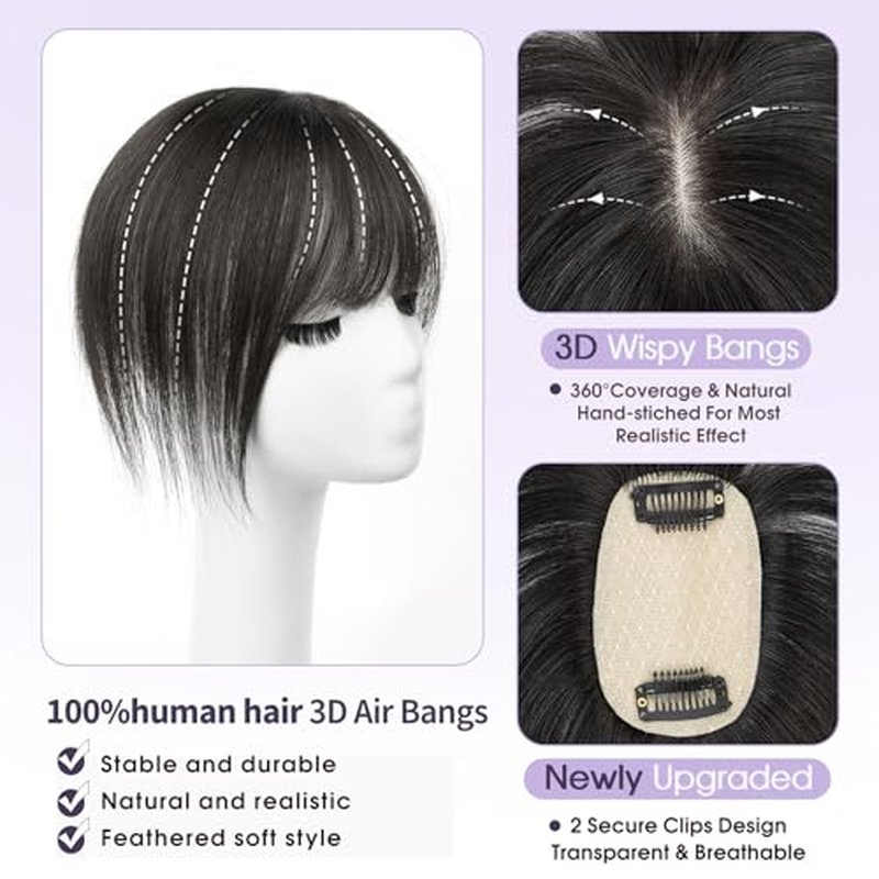 10 Inch Real Human Hair Topper with Bangs for Women Covers Thinning Crown, Clip-In Hair Topper for Thinning Hair (Natural Black)