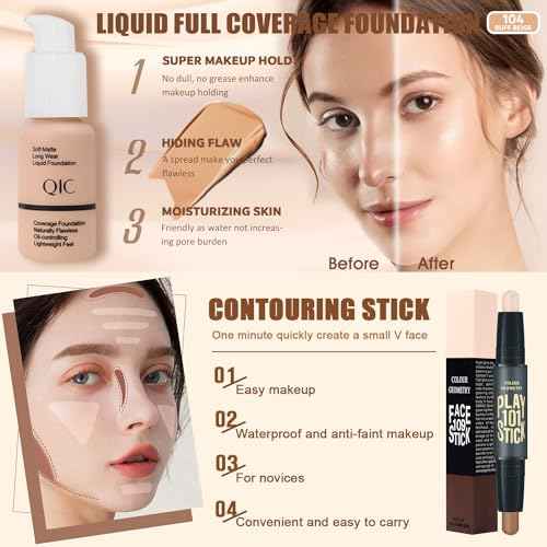 All in One Makeup Kit for Women Full Kit,Travel Make Up Gift Set for Women Teens Girls, Includes Eyeshadow,CC,Foundation,Lipstick,Mascara,Brush,Sponge,Brow Powder & Soap,Eyeliner,Primer,Contour,Bag