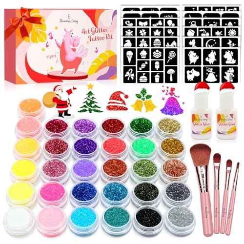 Temporary Glitter Tattoo Kids, Eleanore's Diary 31 Glitter Colors,165 Unique Stencils,2 Glue,4 Brushes,Adults & Kids Arts Glitter Make Up Kit, Gifts for Girls Boys Birthday Party Summer Festival