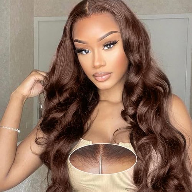 Chocolate Brown Body Wave Glueless Wig Human Hair Pre Plucked Pre Cut Glueless Lace Front Wig Ready to Wear 6x4 Body Wave 180% Density Closure Wig Natural Hairline (#4 Brown, 14 Inch)