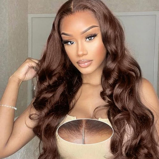 Chocolate Brown Body Wave Glueless Wig Human Hair Pre Plucked Pre Cut Glueless Lace Front Wig Ready to Wear 6x4 Body Wave 180% Density Closure Wig Natural Hairline (#4 Brown, 14 Inch)