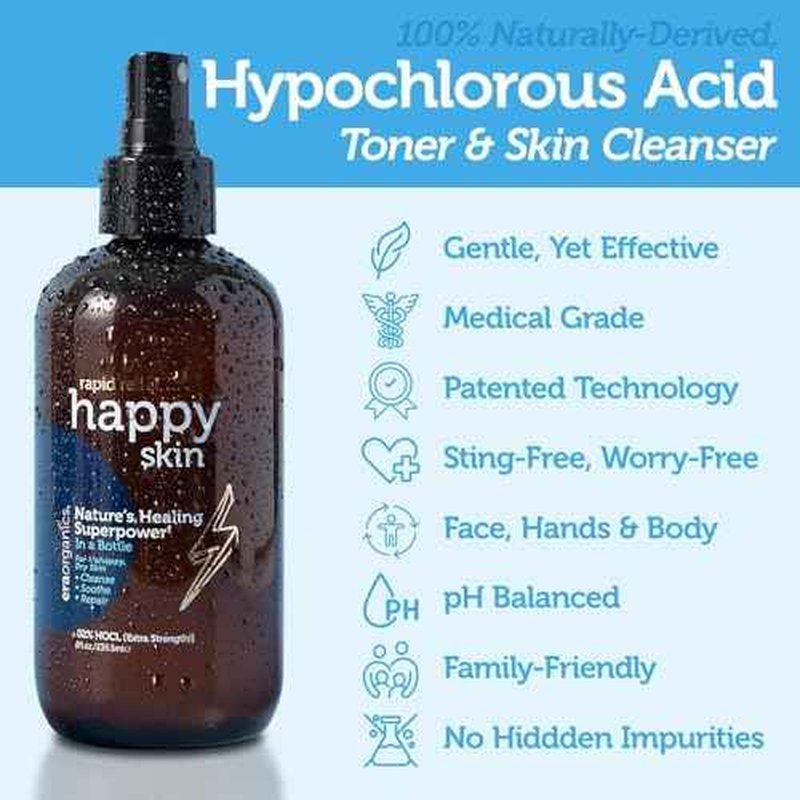 Happy Skin Hypochlorous Acid Spray for Face Travel Size ? Extra Strength Natural Full Body Cleansing Toner for Acne ? Soothe, Hydrate & Repair Dry, Sensitive Skin ? pH Balanced, Non-Toxic 2oz