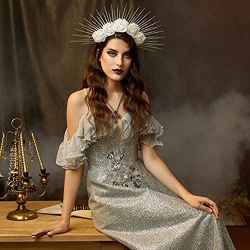 Fantherin Halo Crown with Roses Womens Mexican Flower Goddess Rose Spiked Sun Headpiece for Cosplay Halloween Costume