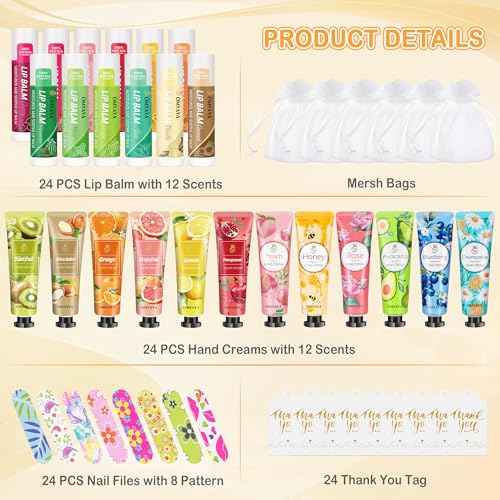 24 Sets Bulk Gifts For Women, Hand Cream Lotion, Lip Balm, Mini Nail Files Gifts Set with Organza Bags, Thank You Card, Baby Shower Bridal Wedding Favor for Guests, Christmas Gifts for Women