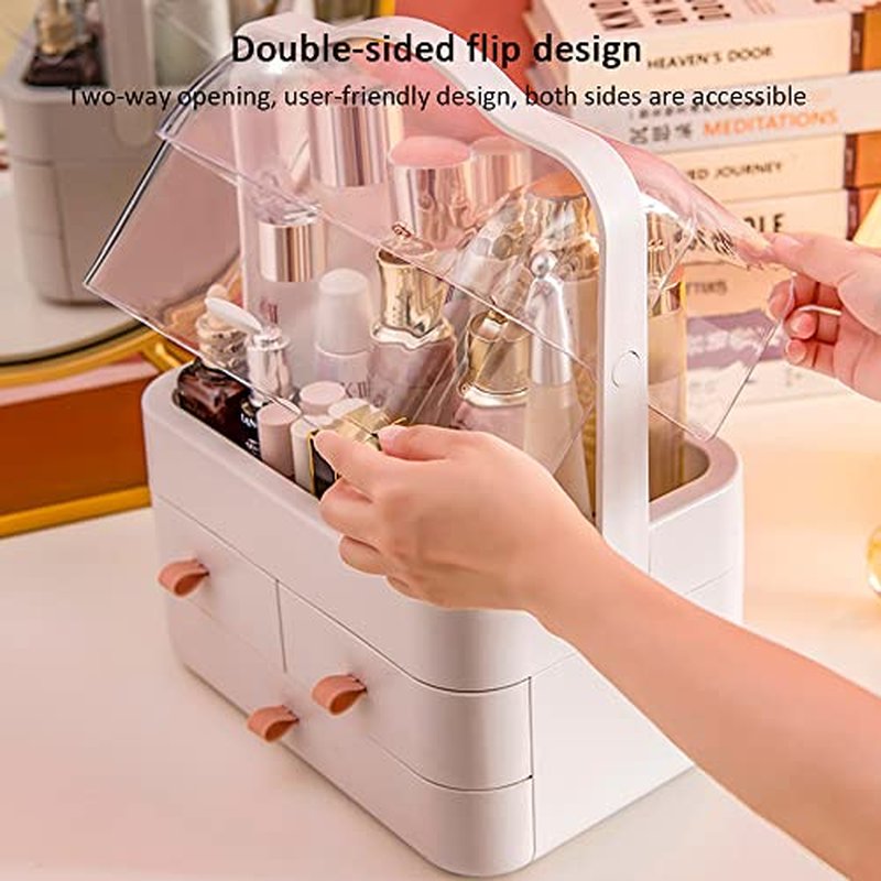 "Makeup Organizer, Dustproof Cosmetic Storage Box with Portable Handle & Fully Open Waterproof Lid for Bathroom Countertop Bedroom Dresser(White)"