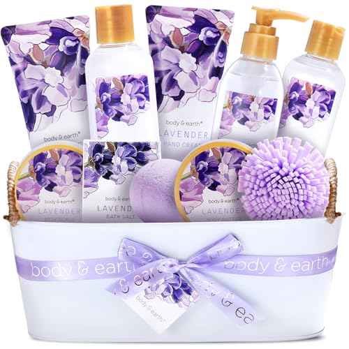BODY & EARTH Gift Baskets - 11 Pcs Lavender Spa Gifts For Women with Bubble Bath Body Lotion Sets, Bath and Body Gifts Set For Women Christmas Gifts for Her Spa Gift Sets
