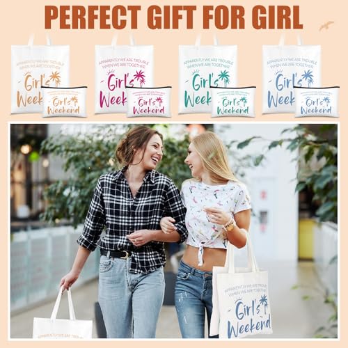 Paterr 8 Pcs Girls Weekend Gifts Includes 4 Makeup Bag Girls Trip Gifts 4 Weekend Tote Bag Travel Favors for Women Summer Cosmetic Zipper Pouch Wedding Birthday Bachelorette Party (Classic Color)