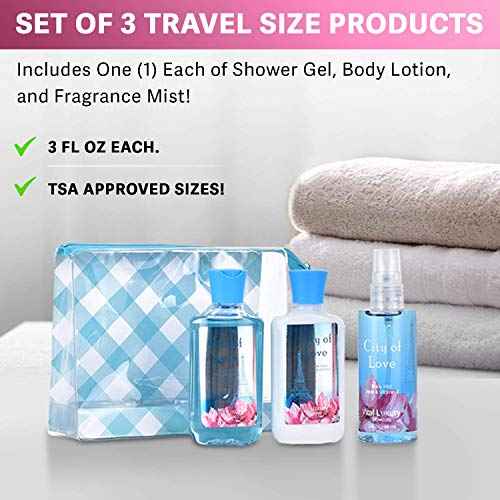 Bath and Body Gift Set for Women & Girls, City of Love Spa Set, Personal Self Care Travel Kit, 3PCS Set for - Shower Gel, Body Lotion, Body Mist- Birthday Mother's Day Gifts for Her
