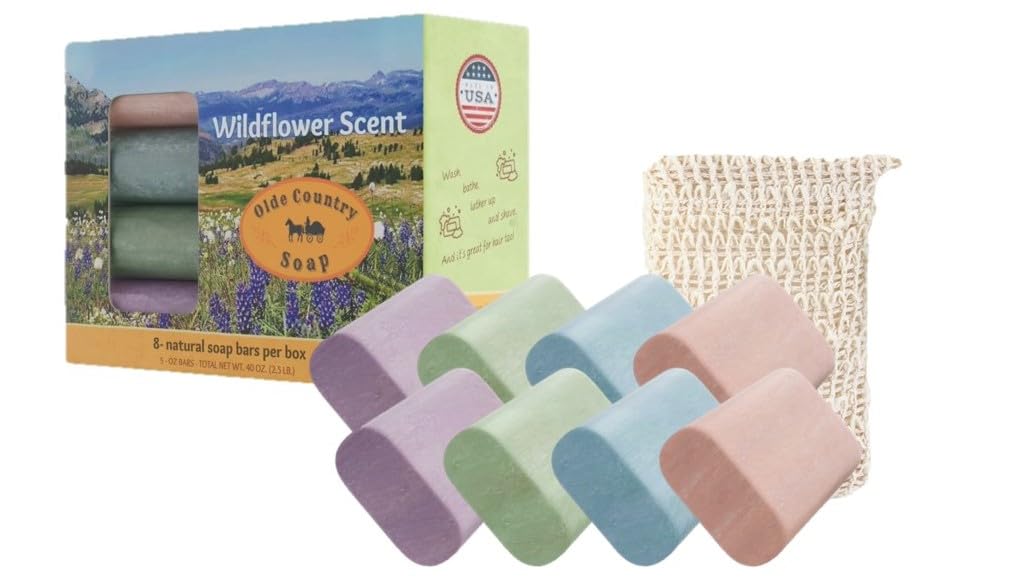 Olde Country Soap - The Original 8-Bar Box - (8) Natural Soap Bars (5oz. each) + (1 pc.) Complimentary Sisal Fiber Soap Bag