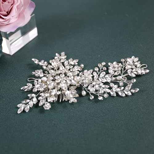 Rhinestone Bridal Hair Comb Crystal Wedding Headbands Head Pieces,Pearl Brides Bridesmaid Hair Accessories for Women Girls (Sliver 936)