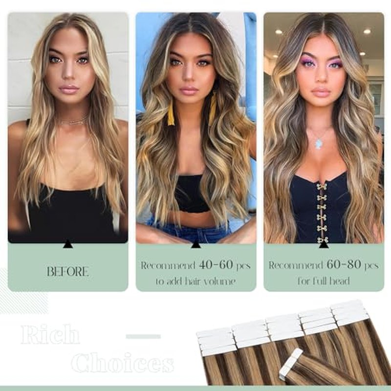 Rich Choices Tape in Hair Extensions Human Hair, 40pcs 80g 100% Remy Seamless Tape Hair Extensions Real Human Hair,14 Inch #4P27 Medium Brown Highlighted Dark Blond