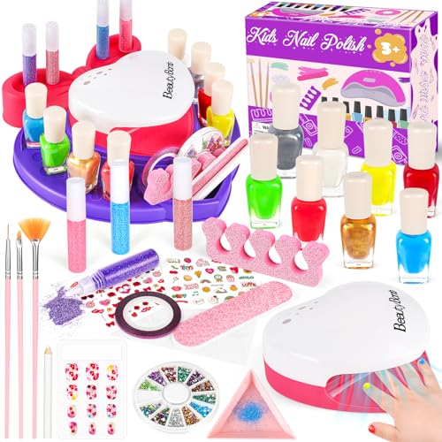 Kids Nail Polish Set for Girls with Dryer, Non-Toxic Nail Kit for Girls Ages 8-12 Water Based, with Fake Nail Art Salon, Girl Toys Christmas Birthday Gifts for Girls 8 9 10 11 12