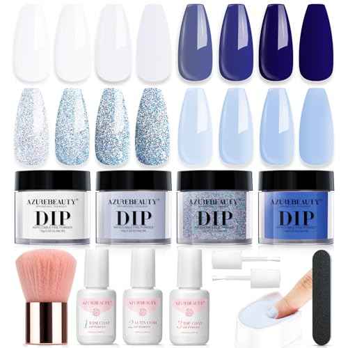 AZUREBEAUTY Christmas Dip Powder Nail Kit Winter White Navy Blue Glitter 4 Colors Acrylic Dipping Powder Liquid Set with Base/Top Coat Activator for French Nail Art Manicure DIY Gift for Women