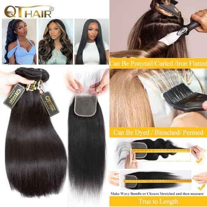 QTHAIR 16A Grade Brazilian Straight Human Hair Bundles with 4X4 HD Lace Closure(18" 20" 20"+16"Free Part Lace Closure,Natural Black) 100% Unprocessed Brazilian Virgin Hair Extensions for Women