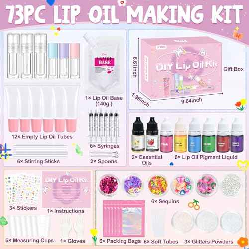 JCOOS DIY Lip Gloss Oil Make Your Own Lip Gloss Kit, Inspired Lip Oil Base with Pigment, Flavoring Oil, Glow Tubes, Kids' Christmas Gifts