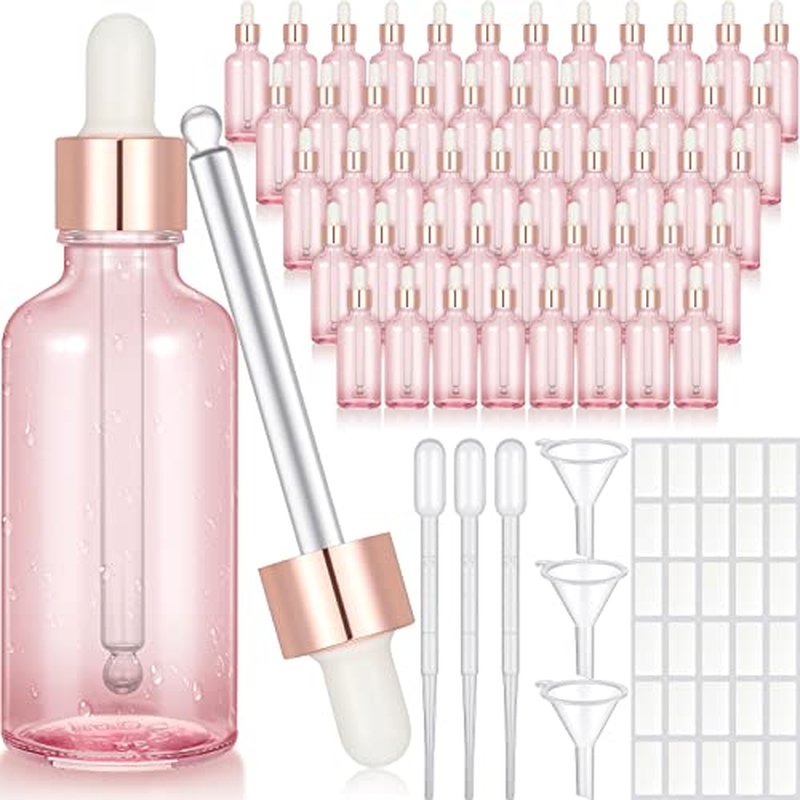 Nuogo 50 Pack Eye Dropper Bottle with Caps, 2oz Glass Bottles Bulk with 5 Droppers for Essential Oils, 3 Plastic Funnels, 30 Labels Stickers for Perfume Liquid Body Oil Beauty Oil(Pink)