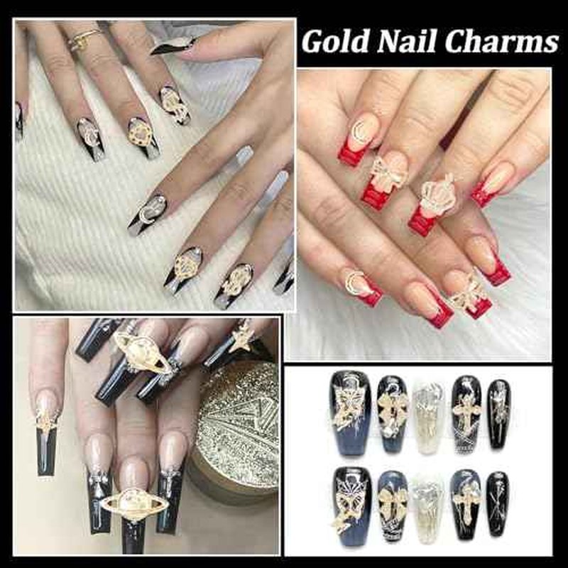 120 Pcs 12Styles 3D Gold Alloy Nail Charms Kit, Dollar Crown Butterfly Metal Nail Charms, Shiny Bows Planet Cross Heart Nail Charms Moon Star Charms for Nail DIY Decor