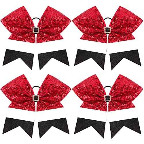 4pcs Christmas Large Cheer Hair Bows,7Inch Xmas Boutique Cheerleader Bows Accessories with Shiny Squares Hair Bows Elastic for Women Kids Toddlers Teens(Red, white and black)