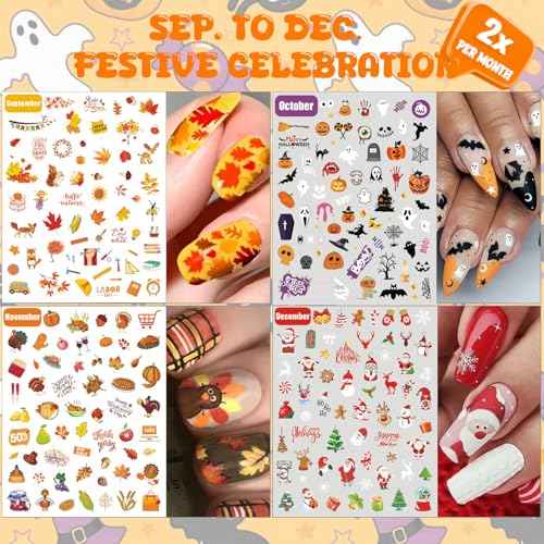 12 Months All Holiday Nail Stickers, 24 Sheets Seasonal Variety Pack 2 Pcs Per Month DIY Nail Art, Self-Adhesive Pegatinas U?as for a Year of Halloween Christmas Thanksgiving&Valentine¡¯s Day
